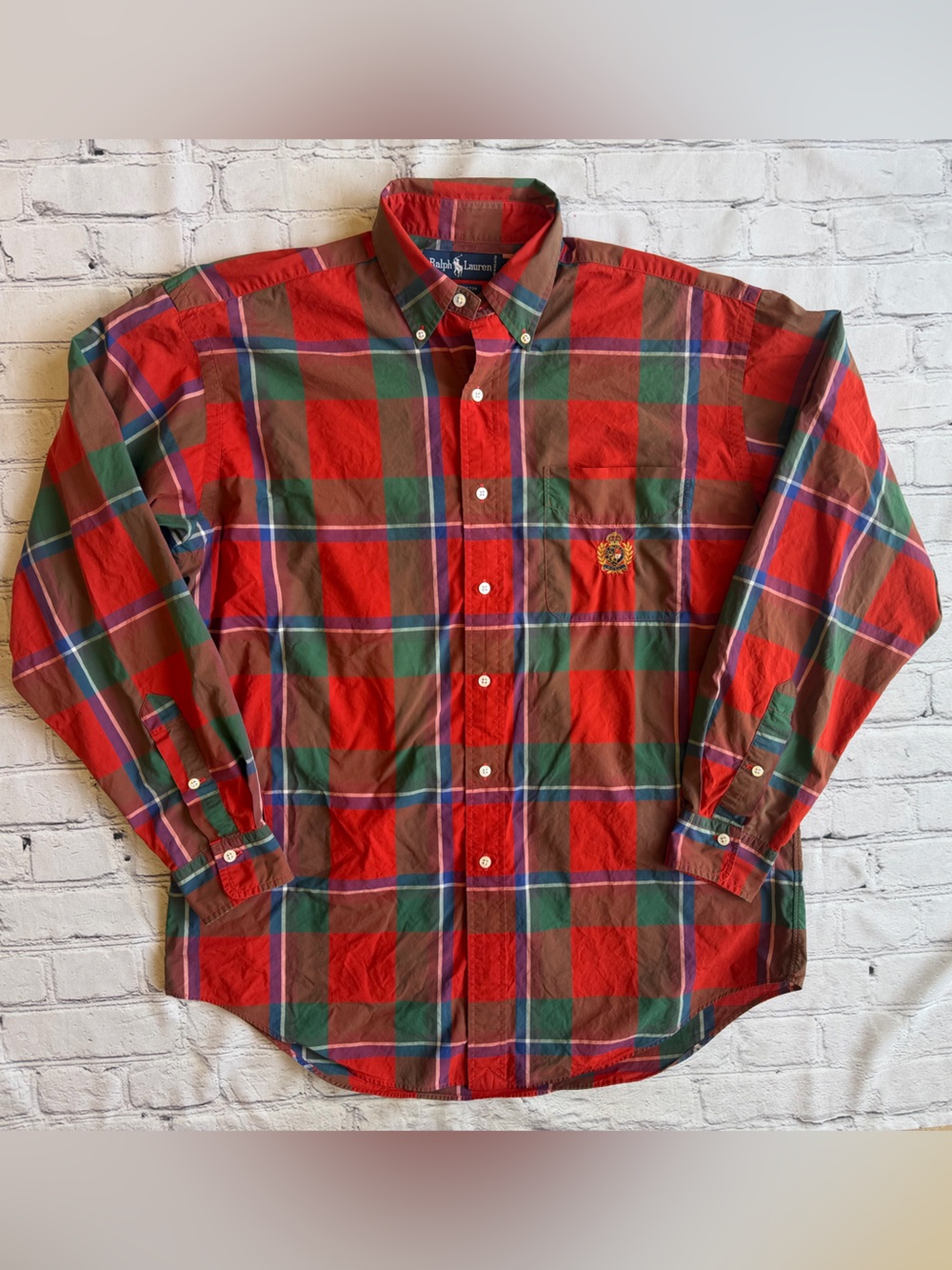 Ralph Lauren Colorful Long Sleeve Button-Down Plaid Shirt Crest Medium Cotton